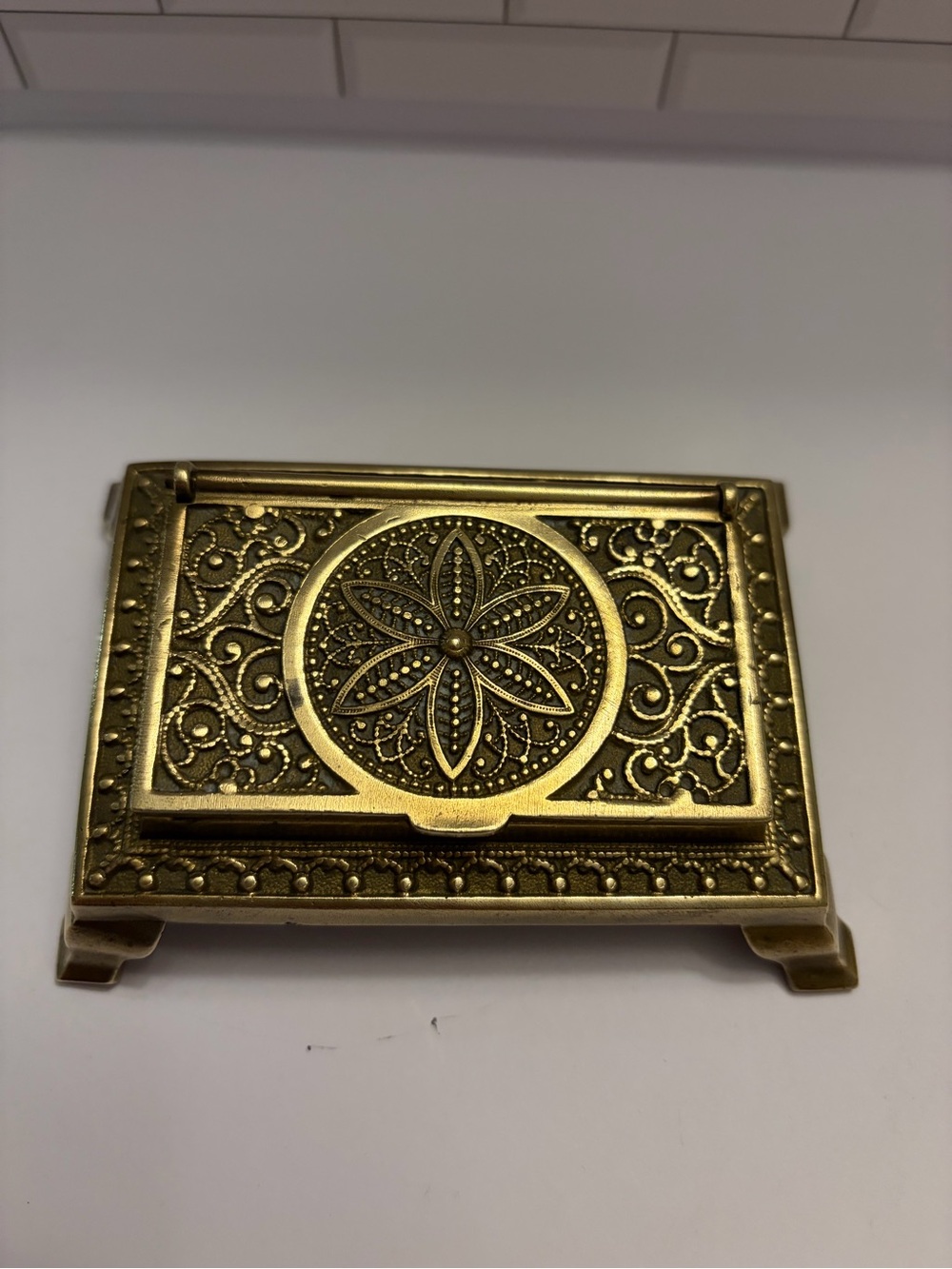 Antique Ornate Brass Stamp Box 3 Compartment Footed Art Nouveau Desk Organizer